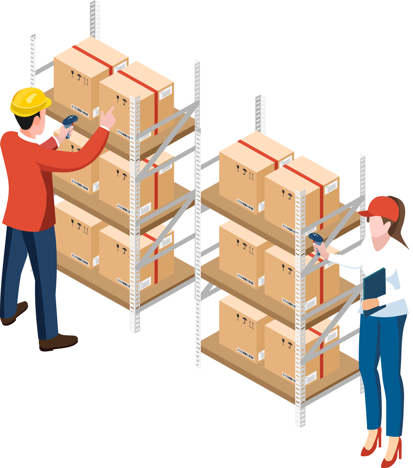 Male and Female warehouse worker using bar code scanner to analyze newly arrived goods